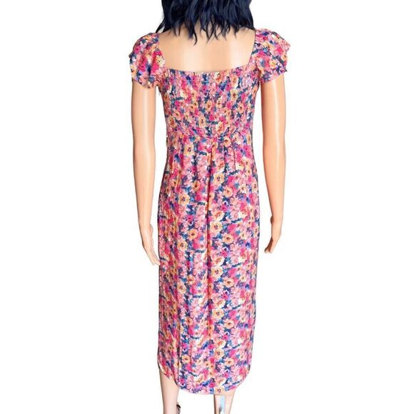 Sadie & Sage Pink Floral Puff Sleeve Midi Dress Small NWT Romantic Boho Smocked - Picture 4 of 6